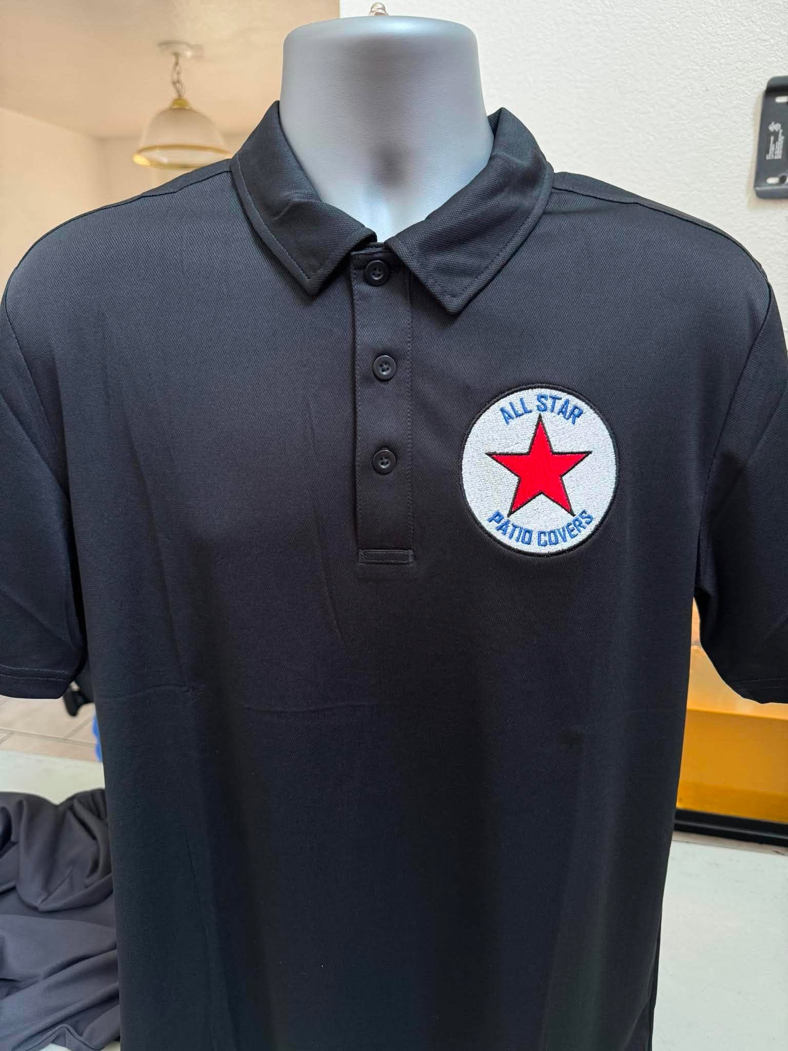 All Star Patio Covers logo embroidered on a black polo shirt with red, white, and blue thread