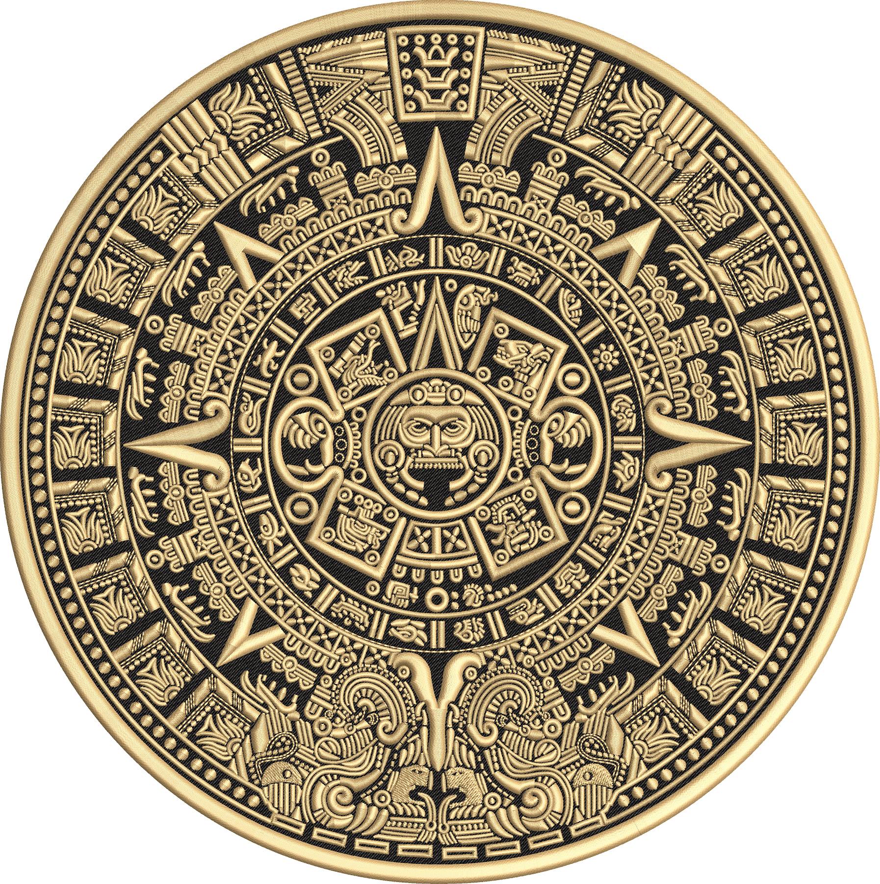 Aztec calendar premium embroidery patch with gold thread, black fabric background, and detailed circular artwork